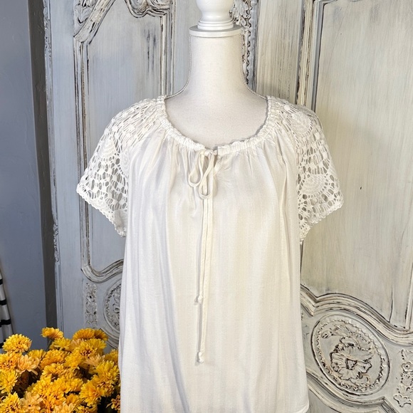 French Laundry Tops - French Laundry White Lace Sleeve Milk Maid Blouse